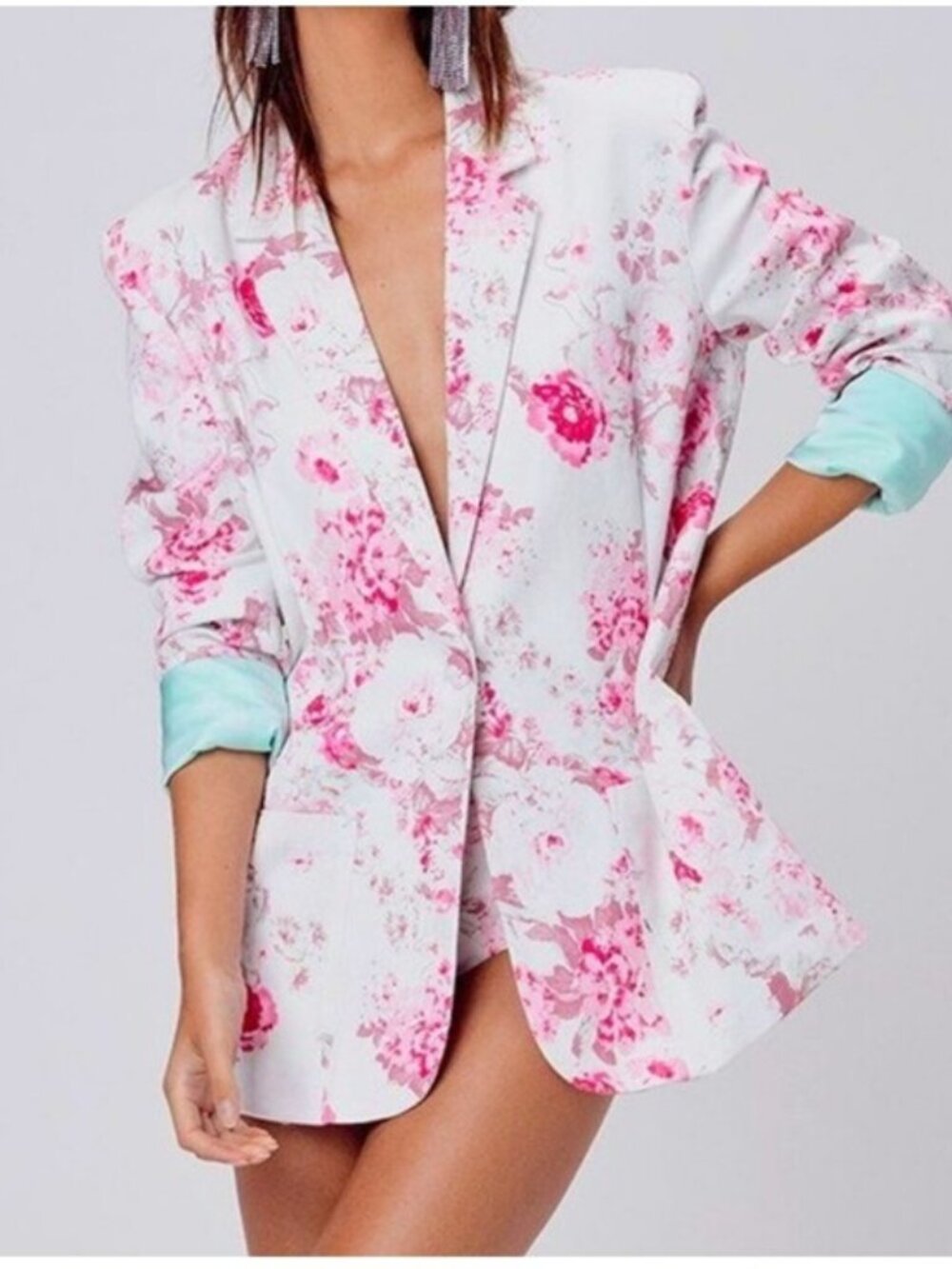 For Love & Lemons Weston Denim Blazer Pink Floral Sz Medium